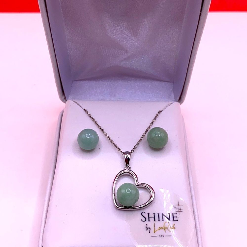 Shine By LeonRich Green Jade Bead Heart Pendant and earrings 2pc Set